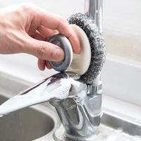 household decontamination steel wool scrubber pad with handle kitchen bathroom cleaning brush dishes pots steel ball