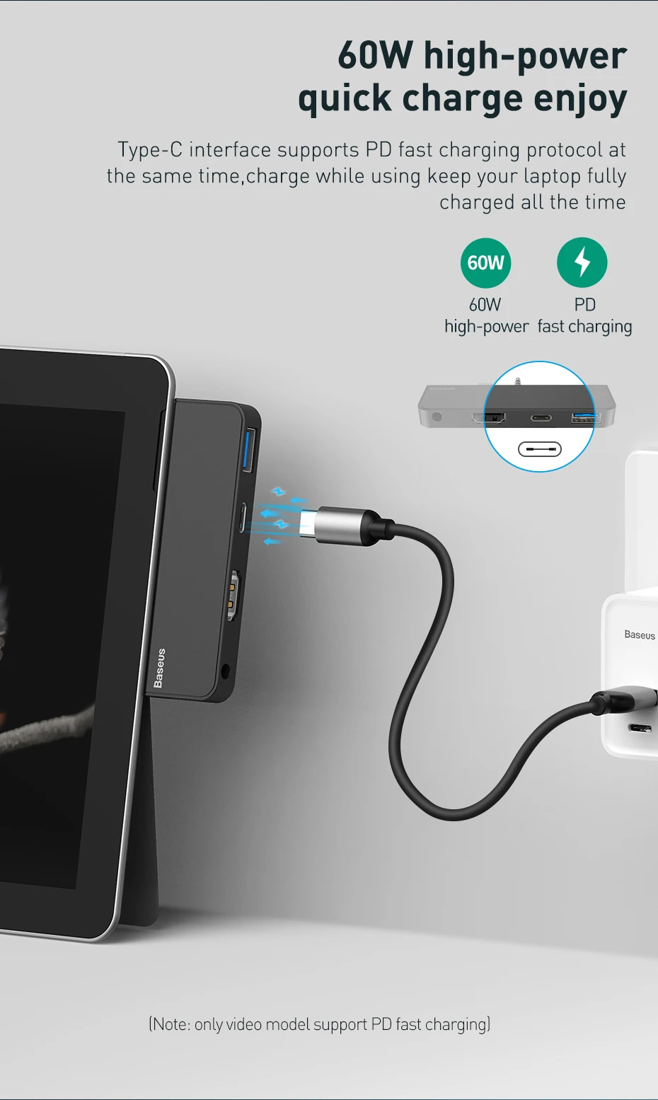 Baseus usb-концентратор с несколькими портами Тип-C+ аудио RJ45+ USB3.0+ Тип-C(передача информации)+ аудио Мощность адаптер для ноутбука MacBook Air док-станция для 3 Порты и разъёмы USB-C USB HUB