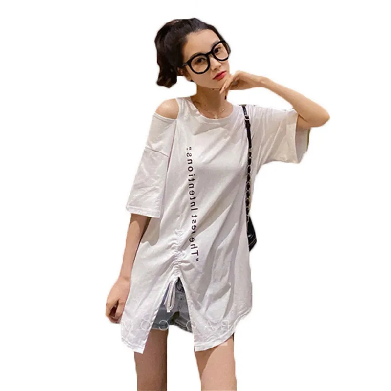 

Женская футболка с коротким рукавом, лето 2021, новая свободная Асимметричная футболка средней длины с открытыми плечами и кулиской, Топ f376