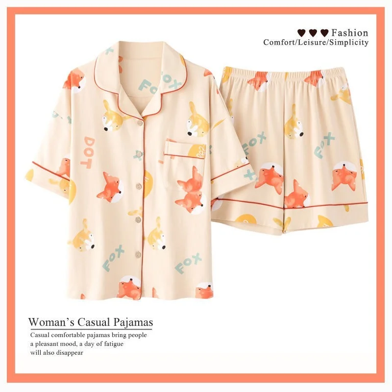 

Japanese Pajamas for Women Summer Cotton Pyjamas Cherry Print Kawaii Pijamas Plus Size Sleepwear Cute Two Piece Sets Home Wear