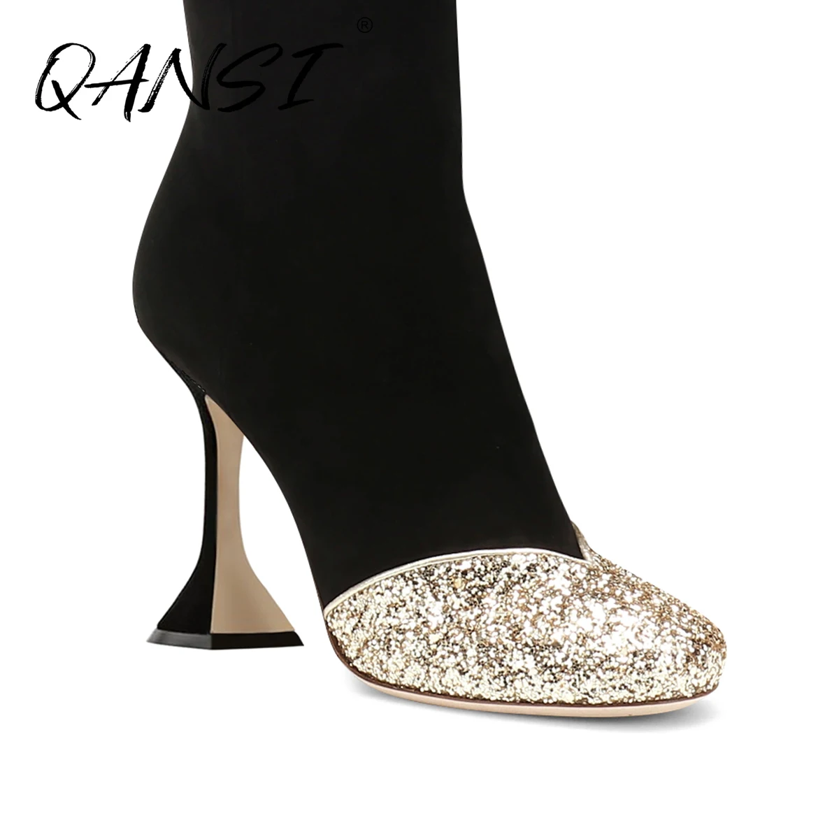 

Fashion Black Suede High Boots for Women Winter Sexy Spool Heel Boots Women Round Toe Bling Bling High Heels Women's Boots
