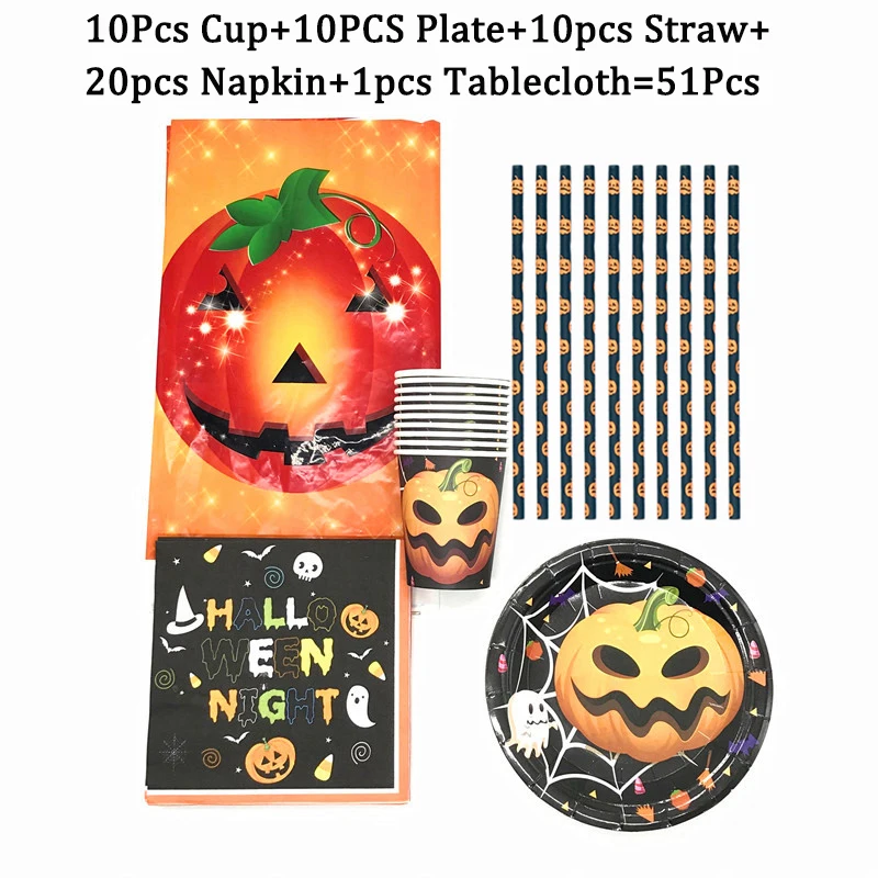 

Halloween Theme Party Supplies Paper Cups Plates Straws Tablechoth Tableware Newborn Shower Pumpkin Dinnerware Party Decor Set
