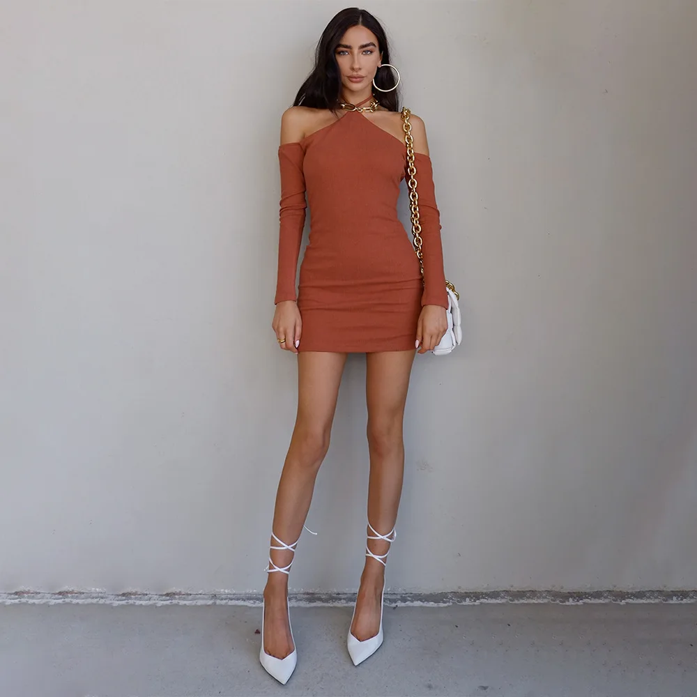 

Осенне-зимнее Новое Женское платье, модное пикантное универсальное облегающее платье с лямкой на шее и высокой талией без бретелек