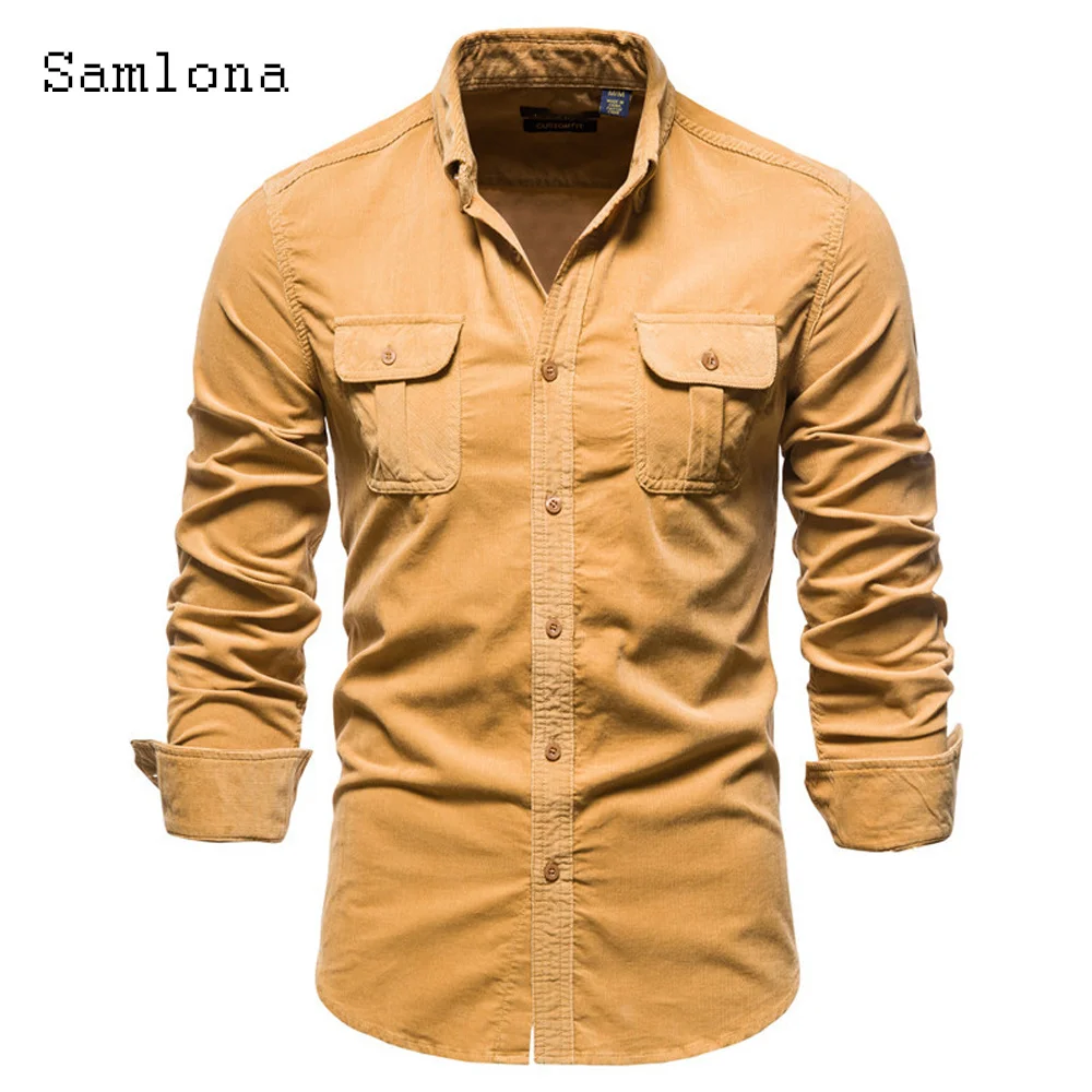 

Plus Size 3xl Men Fashion Shirt Corduroy Blouse Sexy Mens clothing 2021 Single-breasted Tops Long Sleeve Autumn Basic Shirts