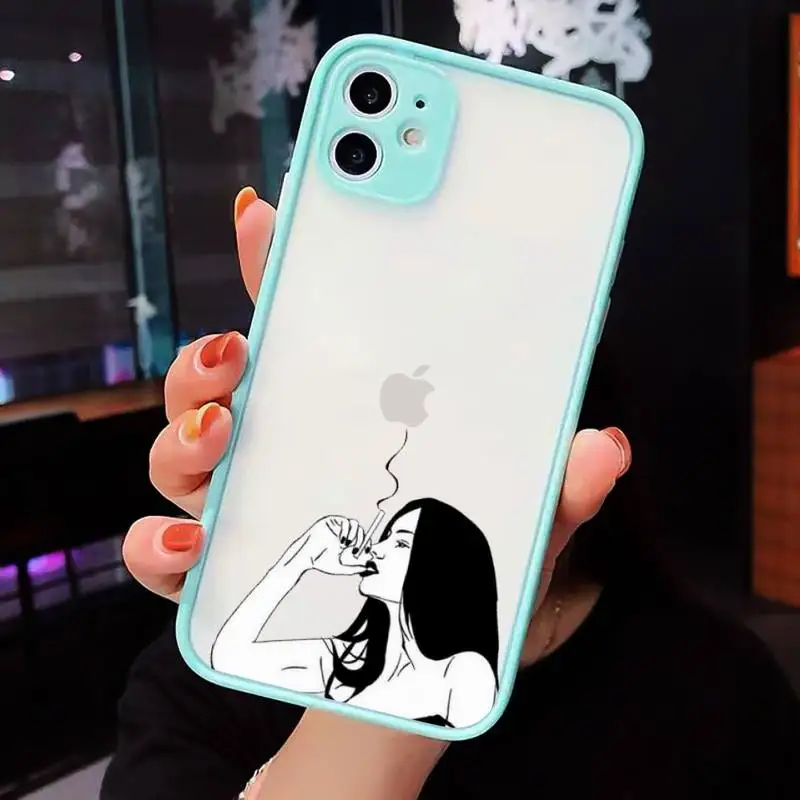 

Phone Case For iPhone 12 11 Mini Pro XR XS Max 7 8 Plus X Matte Cool smoking heartbreaker girl transparent blue Cover