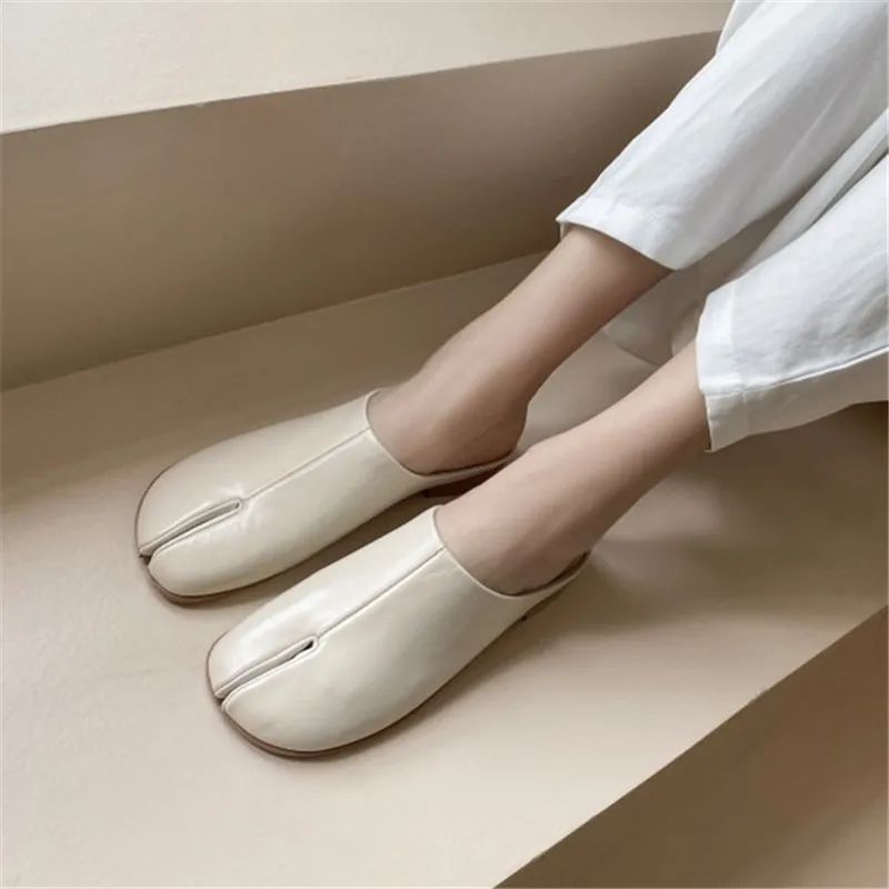 PXELENA Ins Luxury Split Toe Slides Women Full Genuine Leather Pig Feet Summer Slippers Flat Comfort Tabi Ninja Shoes Lady Mules | Обувь