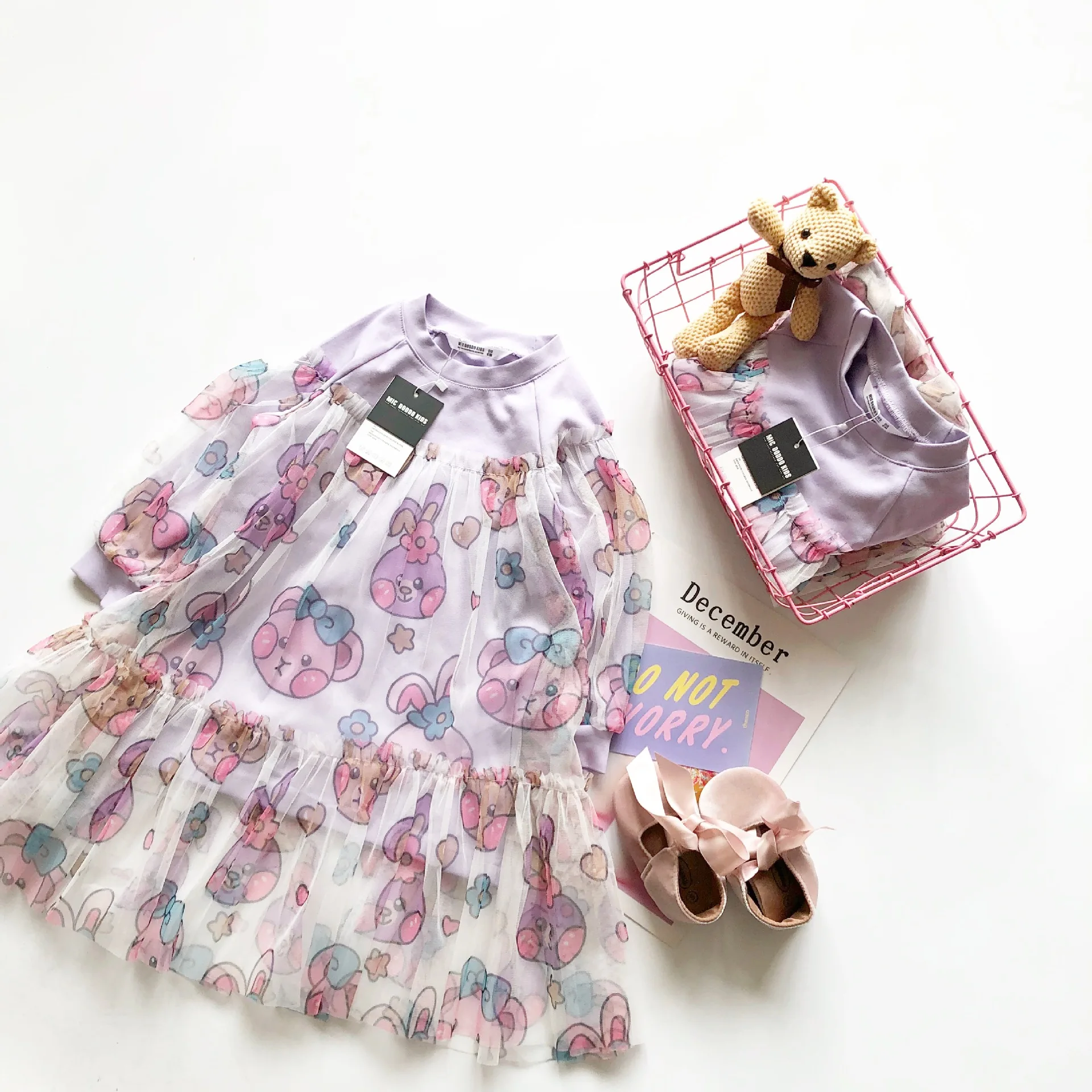 Детское осеннее Сетчатое Хлопковое платье Tonytaobaby для девочек с мультяшным