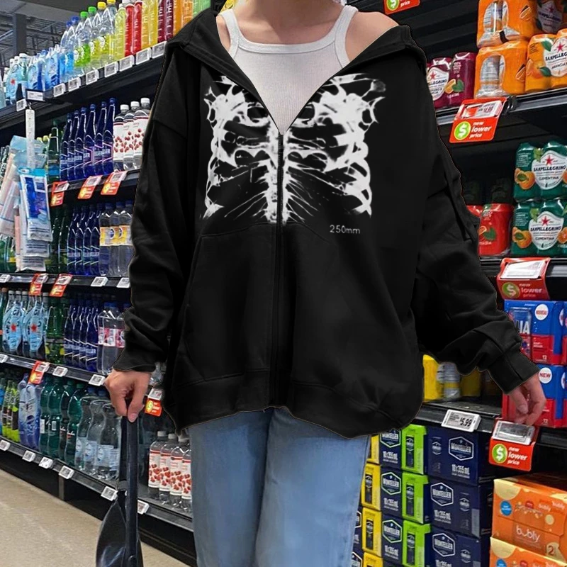 

Hirigin Women Hoodies Y2K Clothes Sweatshirt Streetwear Adults Skeleton Print Long Sleeve Cardigan with Drawstring Ladies Tops