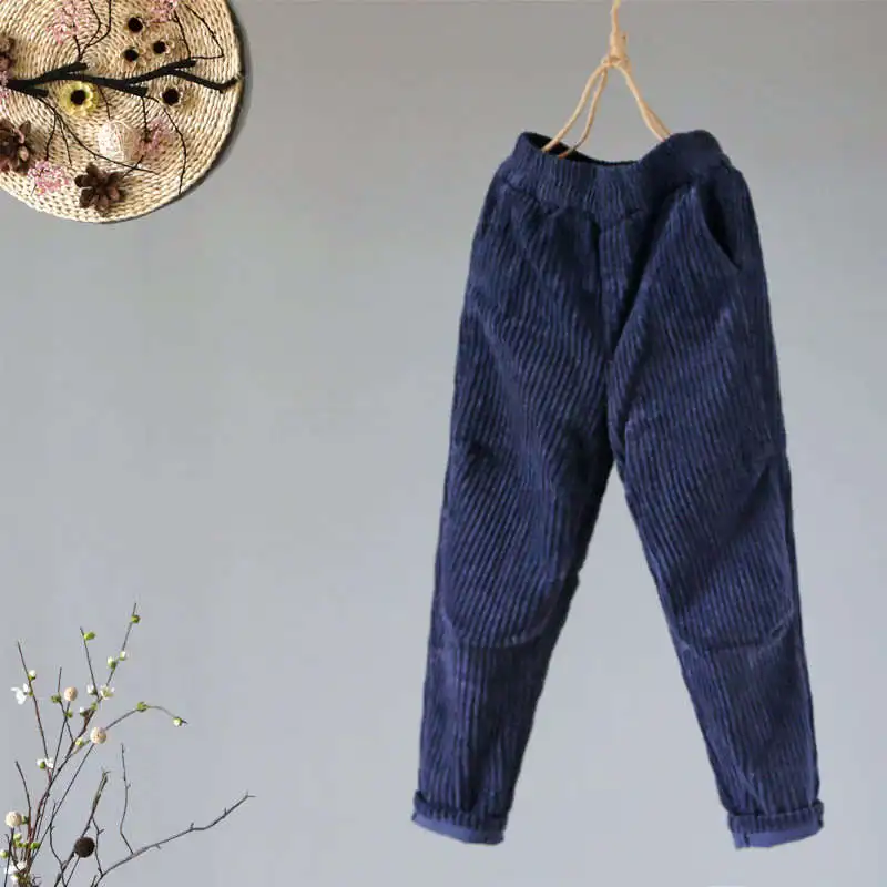 Женские вельветовые шаровары винтажные повседневные теплые с эластичным поясом