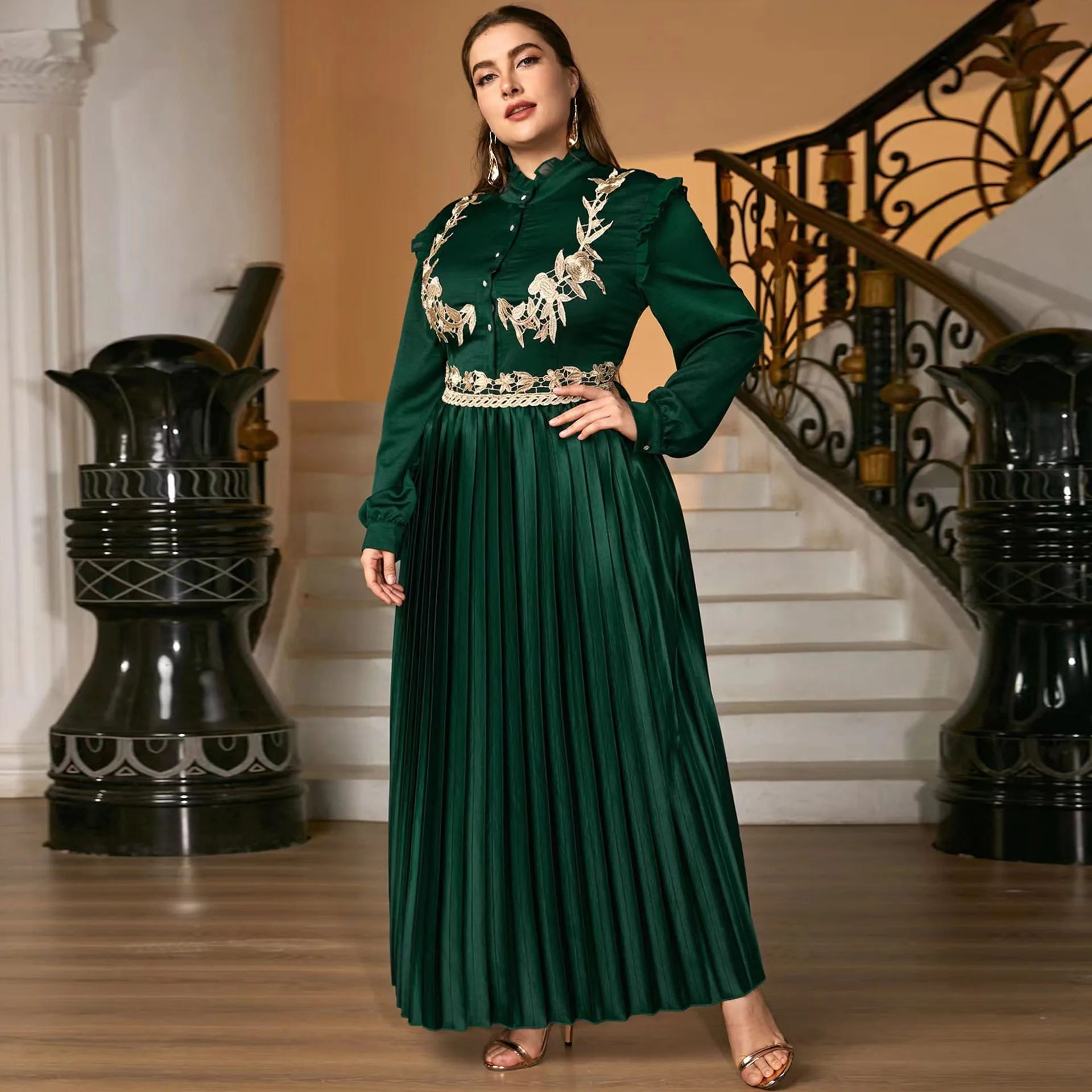 

2021 autumn plus size new abaya for muslin wedding party ankle length green pleat golden ribbon lace large size women dress