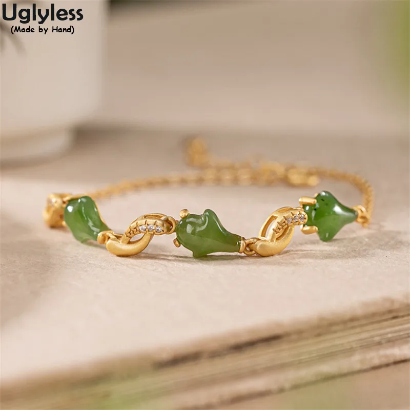 

Uglyless Lovely Clumsy Penguin Bracelets for Women 100% Natural Hotan Jasper Green Jade Bracelets Real 925 Silver Chains Jewelry