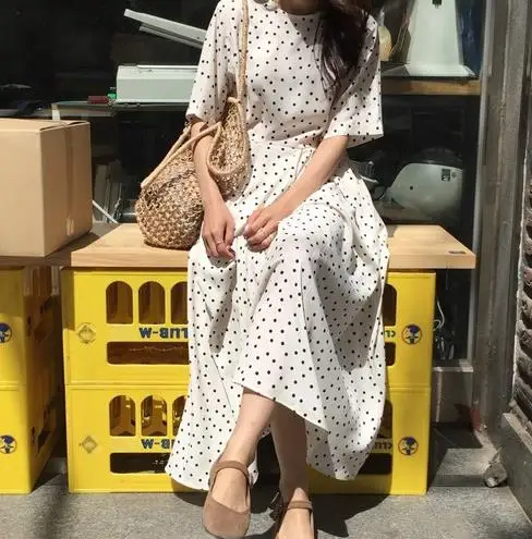 Women Summer Polka Dot Slim Waist Bandage Long Dress robe femme Vestidos with Belt Sundress Robe Longue Femme ZomerJurk LJ132 | Женская
