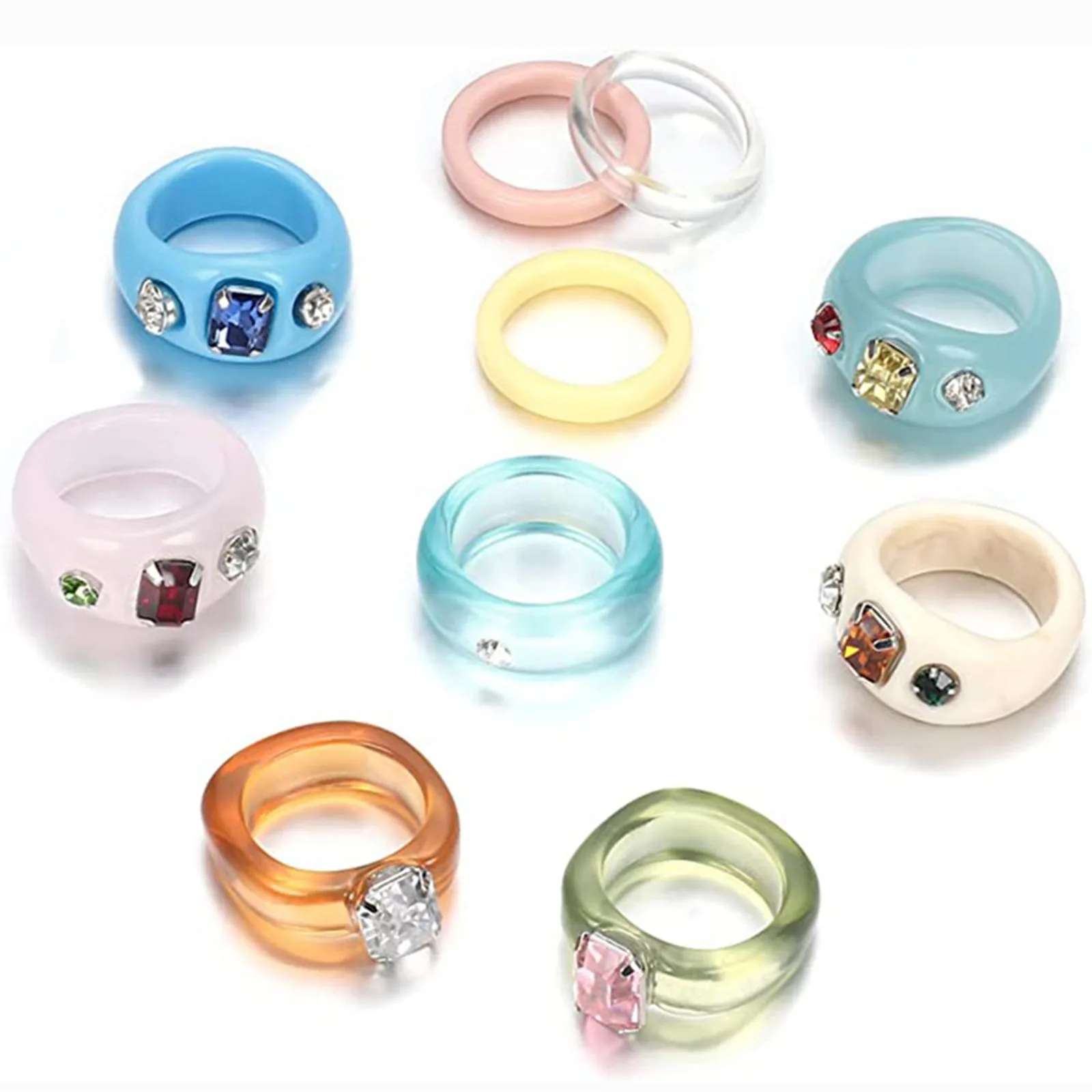 

Fashion Resin Unadjustable Rings Mixed Color Geometric Multicolour Rhinstone For Women Punk Style Party Club Jewelry Gifts,1Set
