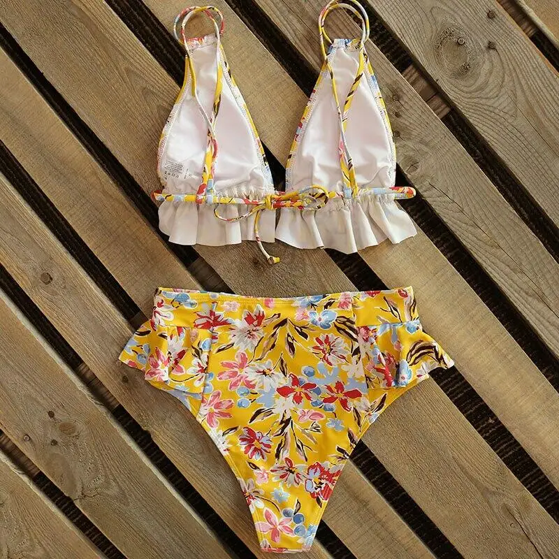 

MYTENG Sexy Retro Print Swimwear Women Bikinis 2020 Push Up Swimsuit Two Piece Set Ruffle High Waist Summer Beachwear Biquini