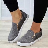 women shoes crystal slip on flat loafers zipper embossed leather ladies autumn glitter platform fashion female moccasins