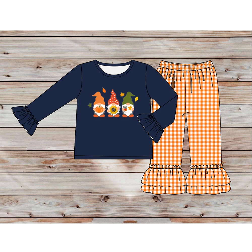 

Autumn Girls Clothes Navy Blue Long Sleeve Top And Orange Plaid Trousers Three Old Men Holding Pumpkins Embroidered Girl Clothes