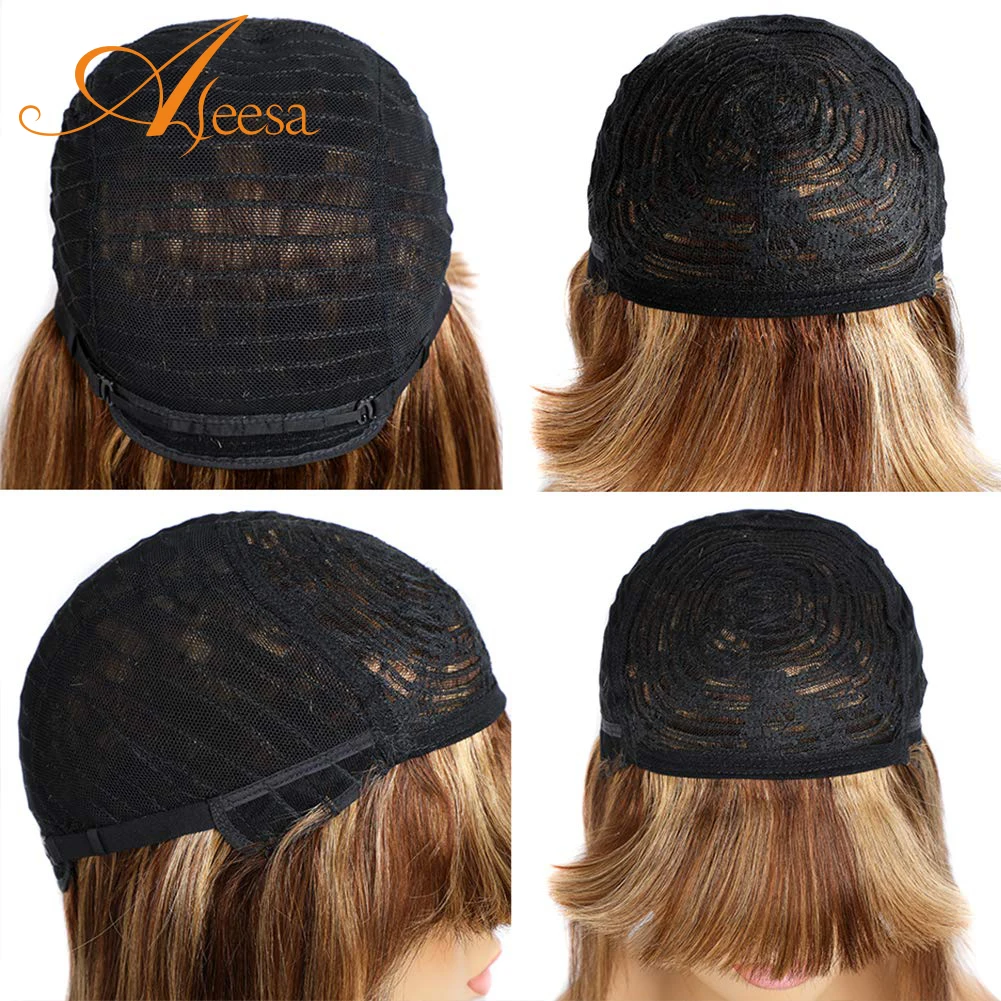 

ALEESA Short Straight Bob with Bangs Wigs Remy Brazilian Human Hair Non Lace Full Machine Made For Black Women 2021 Fashion