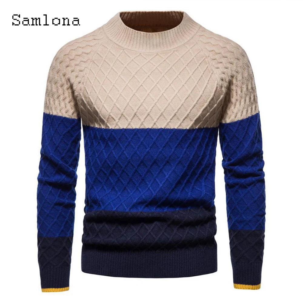 Samlona Men Sweater Long Sleeve Patchwork Top Pullovers masculinas pull homme ropa Knitted Sweaters Casual Skinny Knitwear 2022
