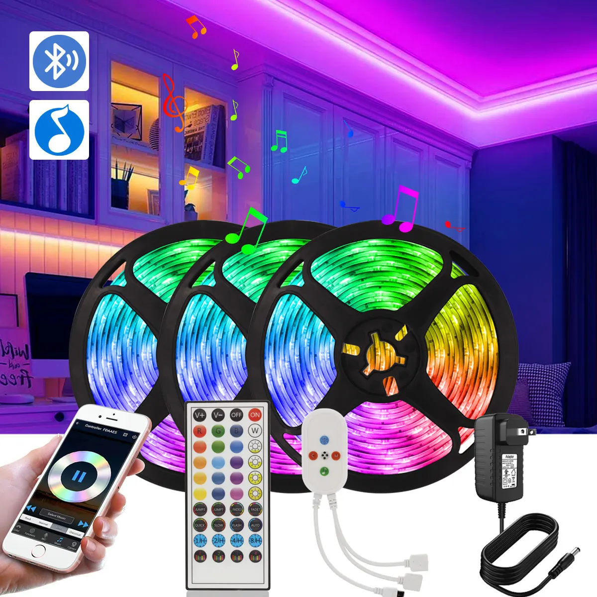 

Music Sync RGB Color Changing Smart LED Strip 12V 5050 SMD 2835 Neon Tape Diode Bluetooth Control Led lights for room decoration