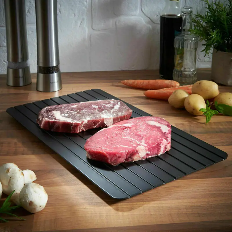 

Magic Metal Plate Defrosting Tray Safe Fast Thawing Frozen Meat Defrost Kitchen
