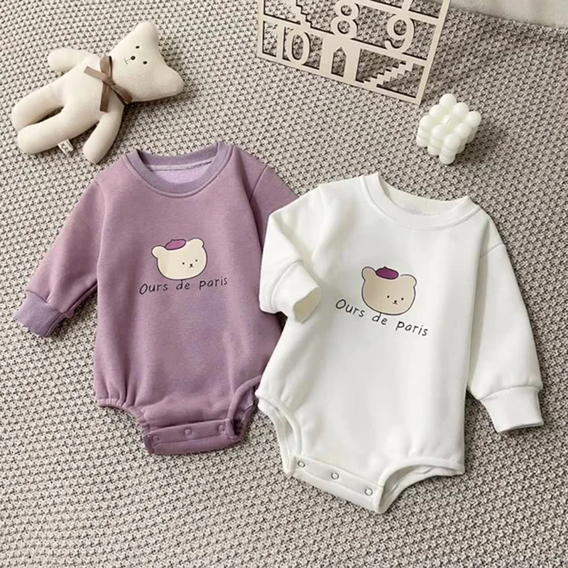 Autumn Spring Bear Print Baby Rompers Plus Velvet Kid Baby Boy Girl Jumpsuit With Leggings Infant Outfits Newborn Baby Clothes
