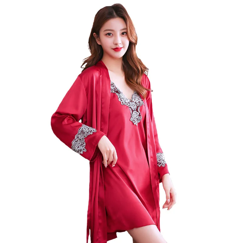 

2020 Spring And Summer Silk Sleepwear Female Sexy Suspenders Nightdress Two-Piece Set Ice Silk Thin Section Korean Nightgown