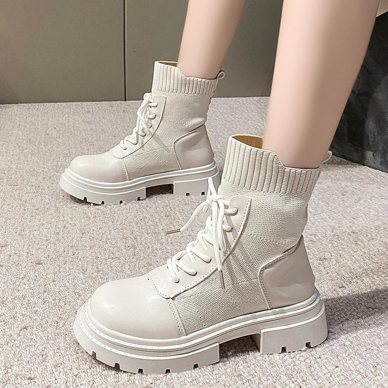 

Осенне-зимние модные ботинки на платформе, женские эластичные вязаные ботильоны на массивной подошве, женские мотоциклетные ботинки из иск...