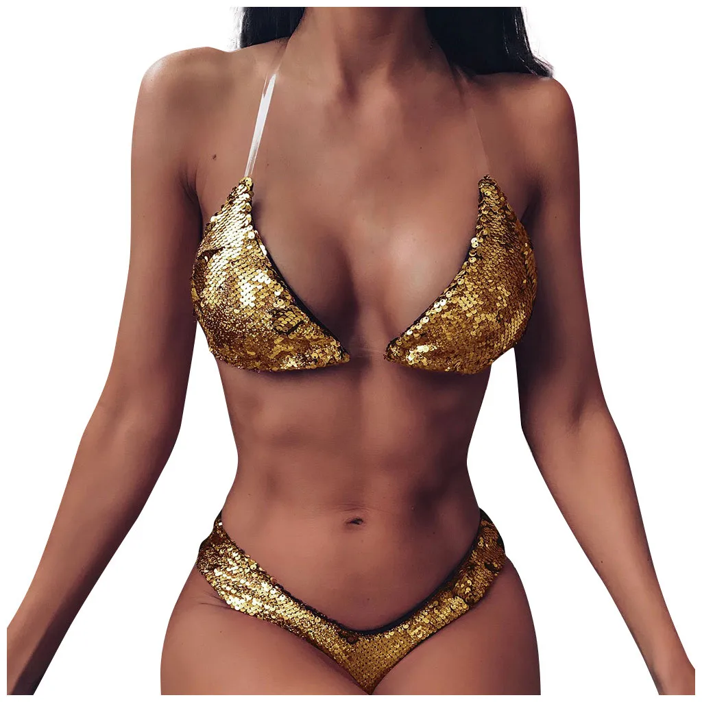 Женский комплект бикини с эффектом пуш ап сексуальный блестящий купальник