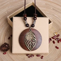 ethnic round wooden leaf owl long sweater chain necklace women retro clock pendant female jewelry neck accessories gift collar