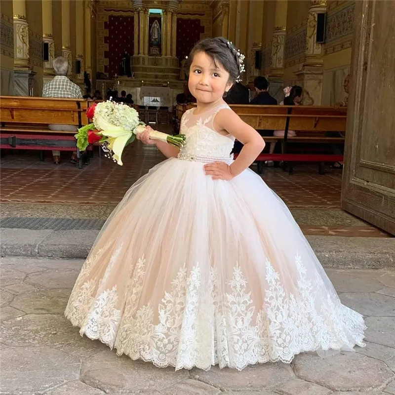 Champagne Puffy Tulle Ball Gown Flower Girl Dress for Wedding Lace Sheer Neck Kids Communion Dress Party Dress Size 2 4 6 10 14Y