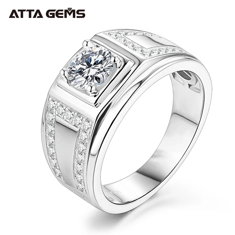 ATTAGEMS Classic 925 Sterling Silver Rings Men Wedding Silver Diamond Engagement 1.0Ct 6.5mm D Color Moissanite Ring for Men