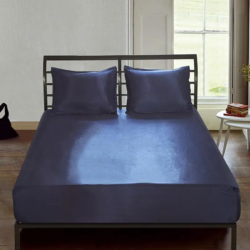 Satin Silk Fitted Bedsheet with Elastic Band Single Twin Queen King Size Black/Blue Color Cold Bed Sheet and Linen | Дом и сад