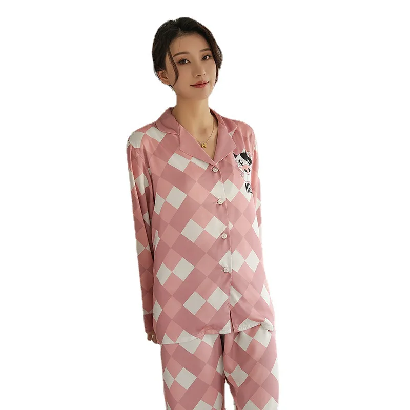 

Women Pink 2PCS Plaid Pajamas Set Cute Cartoon Print Nightwear Spring New Sleepwear Casual Turn-down Collar Shirt&Pant Home Wear