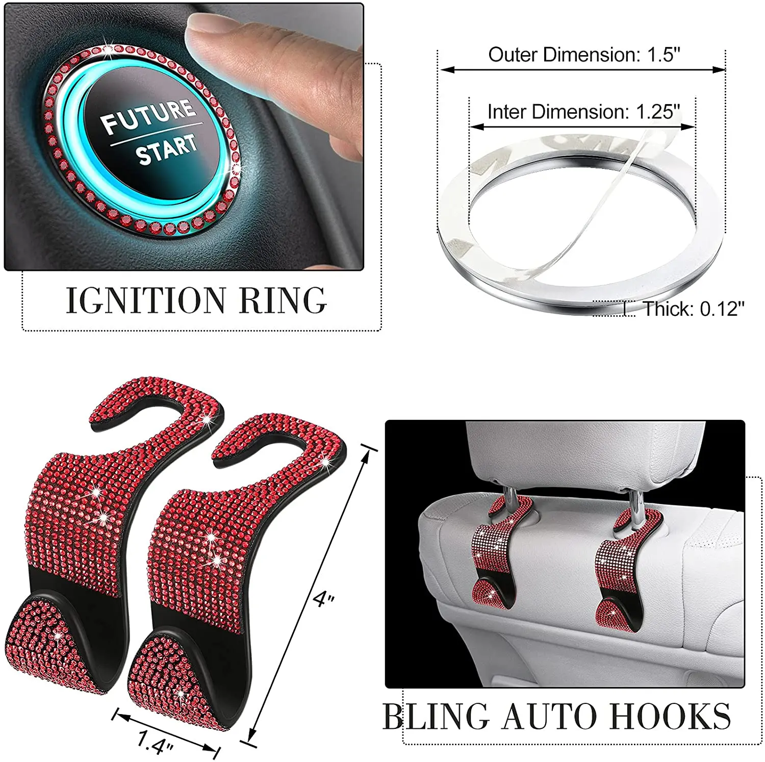 Red Car Styling Accessories for Women Interior Cute Bling Set Glitter Rhinestone Diamond Decorations Universal Use 20pcs | Автомобили и