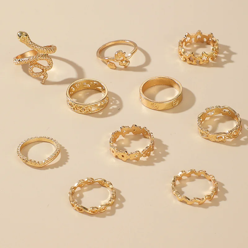 

Vintage 9 Pcs/set Rose Five-pointed Star Hollow Carved Flower Ring Sets for Womens Punk Rings Party Jewelry 2021