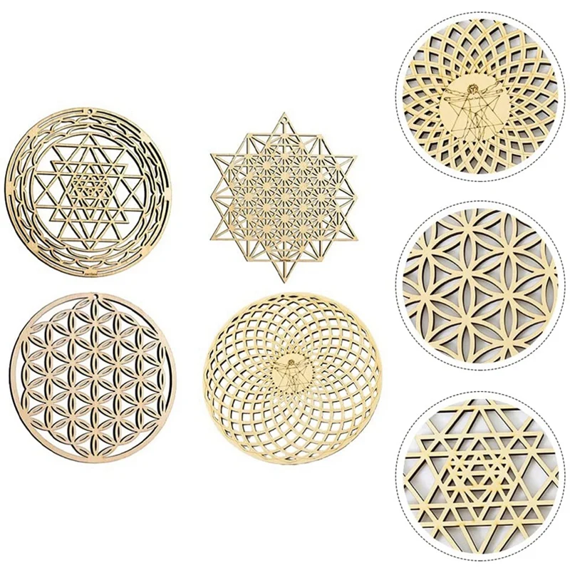 4Pcs Sacred Geometry Wall Art Flower Of Life Grid Wooden Accent Decor Crystal Board Sculpture | Дом и сад
