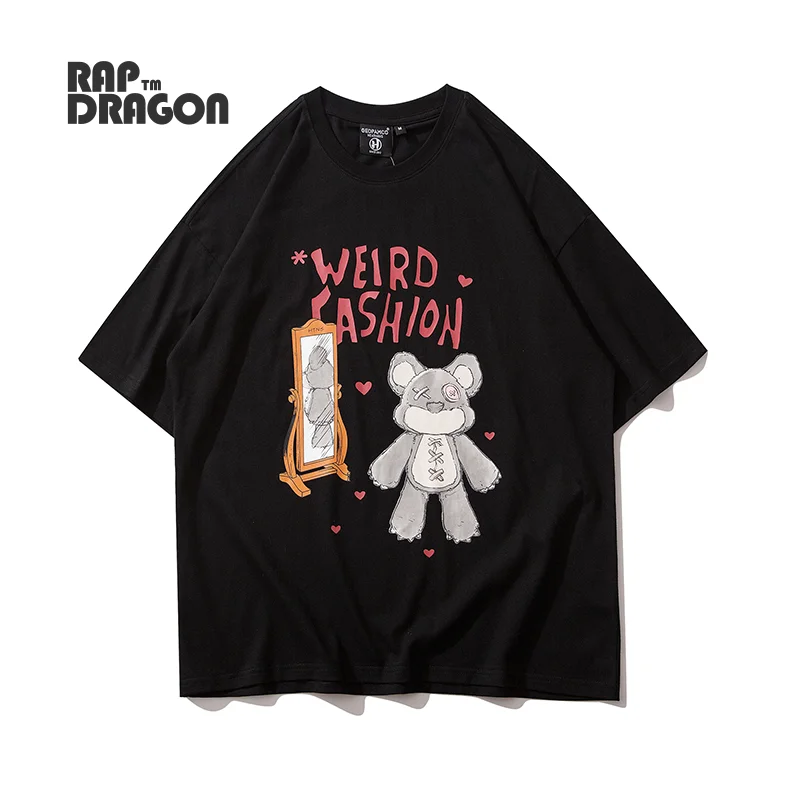

Hip Hop T-shirt Woman Print Cartoon Bear Harajuku Streetwear Letter 2021 Summer New Fashion Men's Clothing Cotton Loose Top Tee