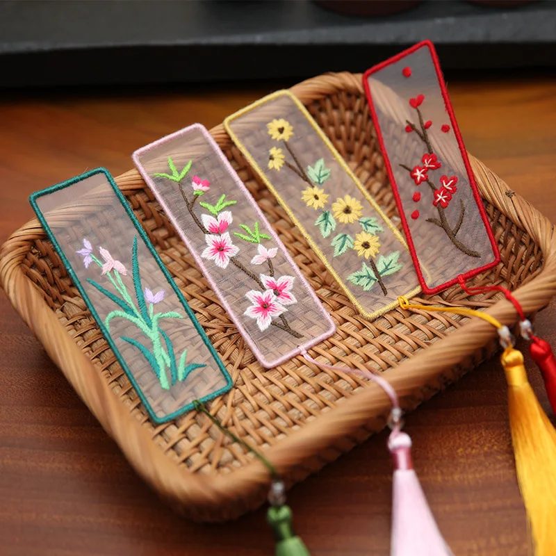 

Flower Bamboo Pattern Rectangle Bookmark Unfinished Organza Embroidery Kit DIY Sewing Cross Stitch Set Tassel Thread Tools Pack