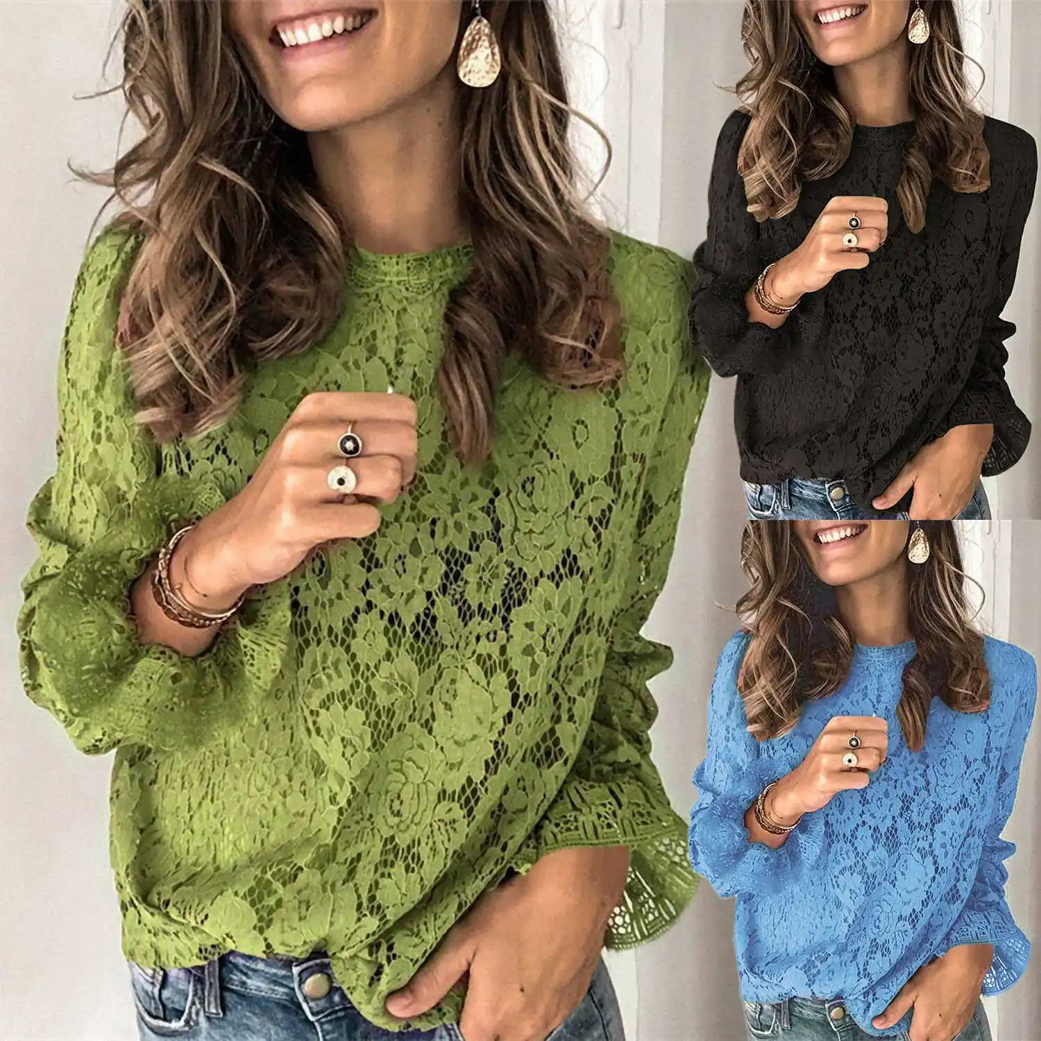 

Women's Trumpet Sleeve Solid Color Long Sleeve Hollow Lace Top