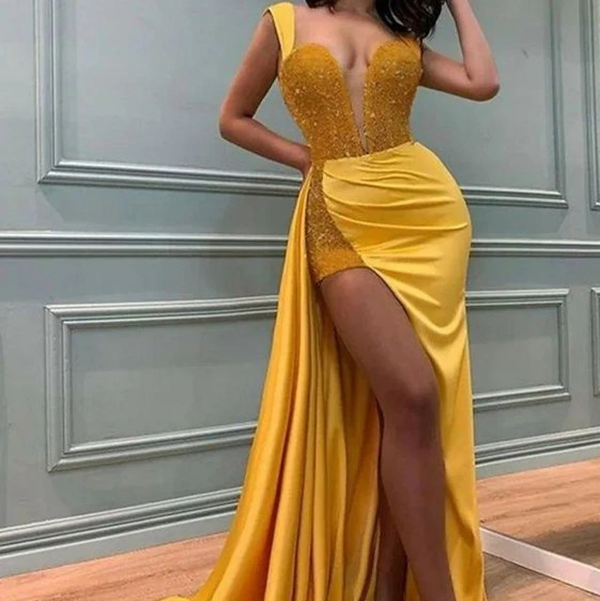 

Gold Shimmer Evening Dress Yellow Formal Dubai Formal Gowns Charming Sexy Split Celebrity Dresses Plus Size 2022