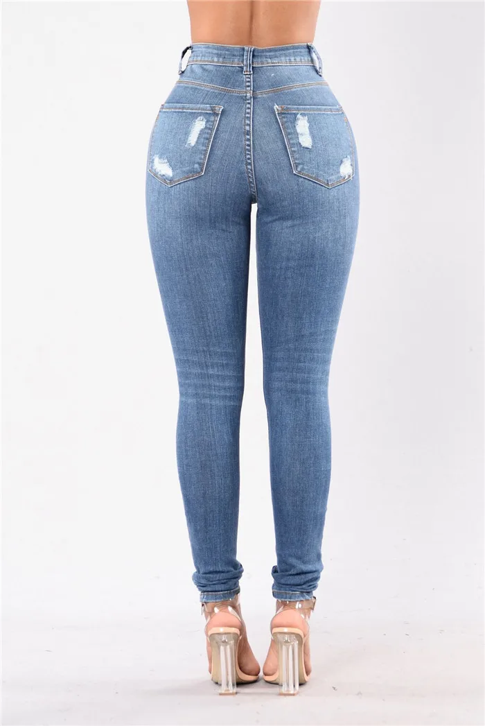 

Women Jeans Skinny Stretch Ripped Hole High Waist Denim Pencil Pants Jeans Distressed Blue Streetwear Mom Trousers