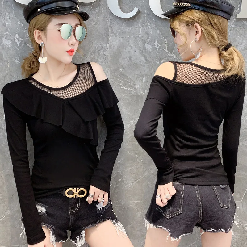 3726 Black Long Sleeve T Shirt Women One Shoulder Tops Spliced Ruffles Slim Stretch Sexy Nightclub Top Female Mesh Round Neck