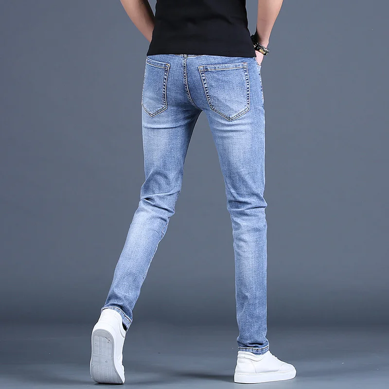 Summer Men Blue Ripped Jeans Fashion Rhinestones Slim Fit Pants Streetwear Casual Denim Trousers