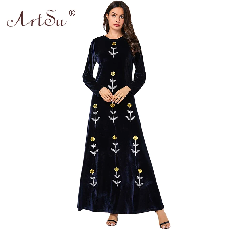 Женское бархатное платье макси ArtSu темно синее зеленое фиолетовое зимнее