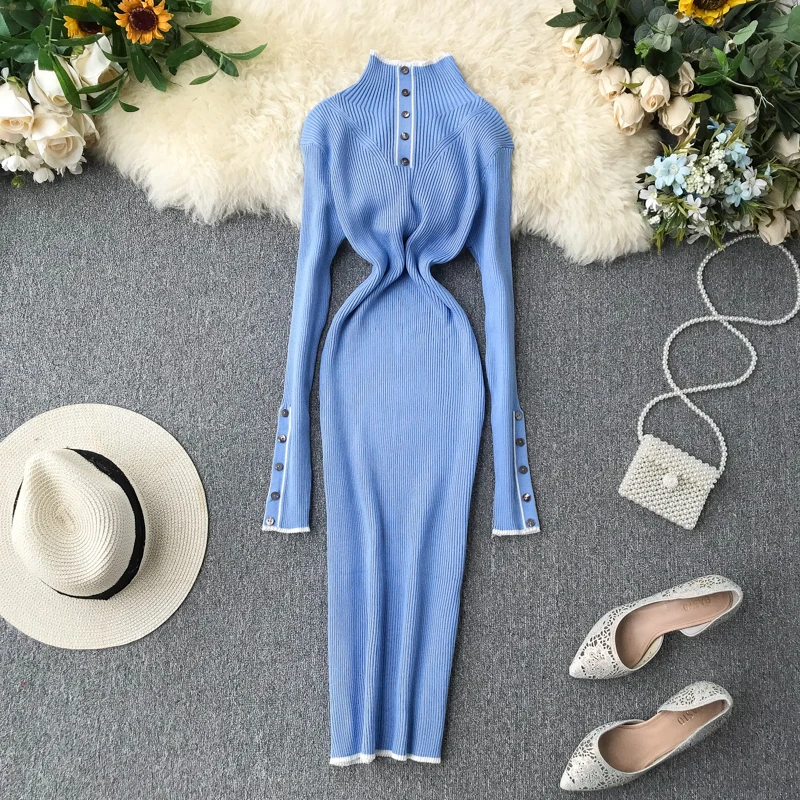 Женское трикотажное платье ALPHALMODA на пуговицах с длинными рукавами в обтяжку