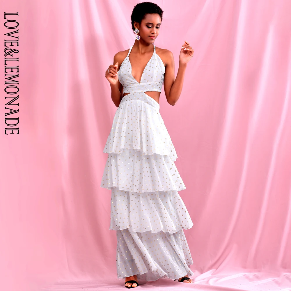 Женское шифоновое платье LOVE & LEMONADE белое плявечерние ное макси в горошек с V