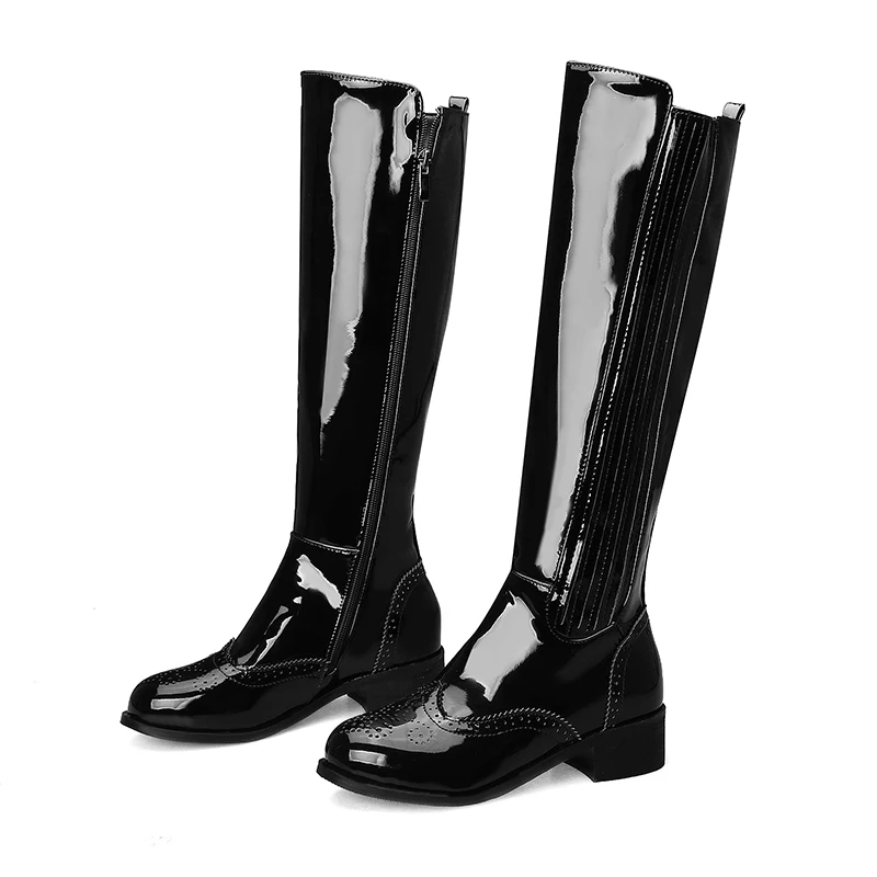 black plush Haoshen& Girl/10,5 женские сапоги до колена размера плюс; зимняя обувь с высоким голенищем на плоской подошве; модные женские сапоги из лакированной кожи на квадратном каблуке - Цвет: black plush