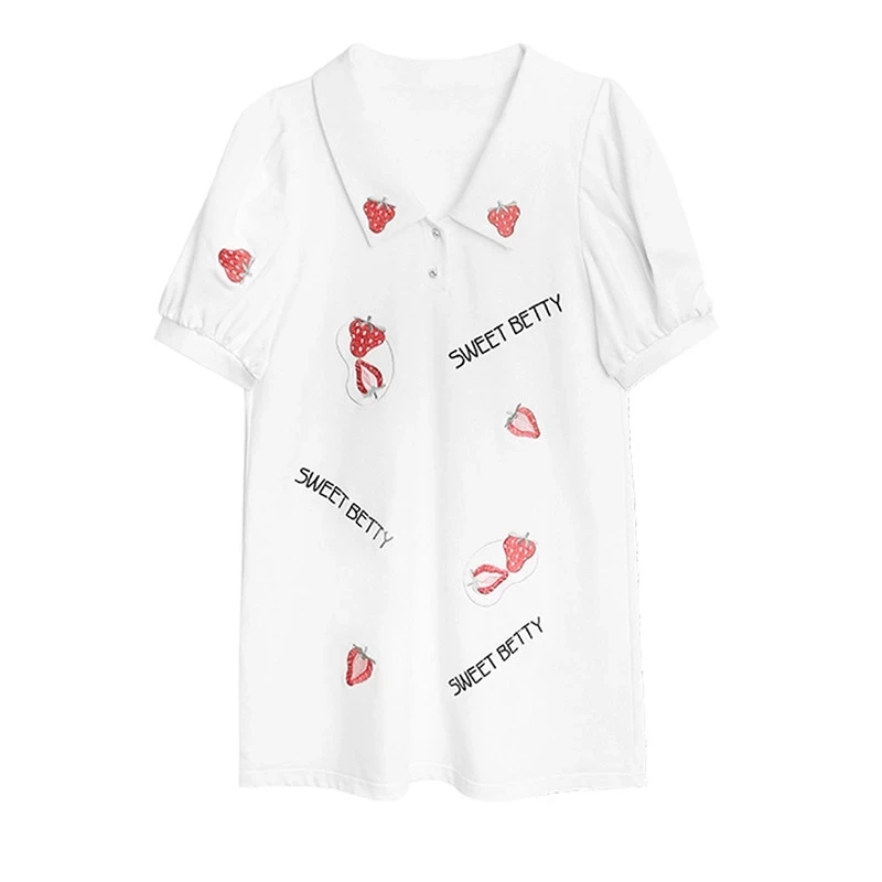 

HOUZHOU Strawberry Dress Casual Women's T-shirt Dresses White Puff Sleeve Kawaii Cute Vintage Sundress Streetwear 2021 Fashion