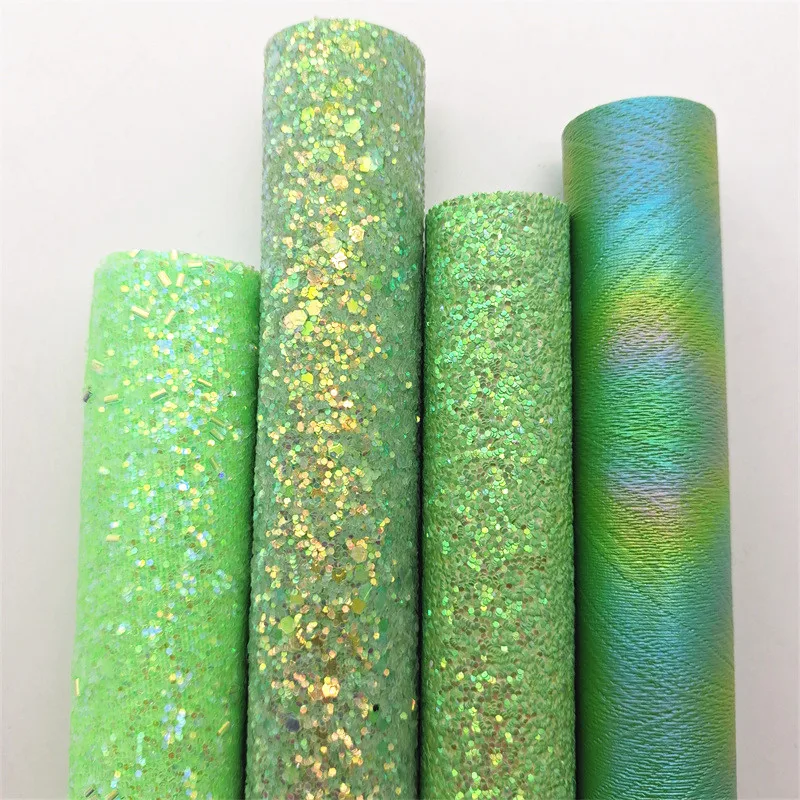 4PCS/SET Green Chunky Glitter Vinyl Fabric Matching with Iridescent Green Faux Leather For Bows Earrings DIY 21X29CM Q039