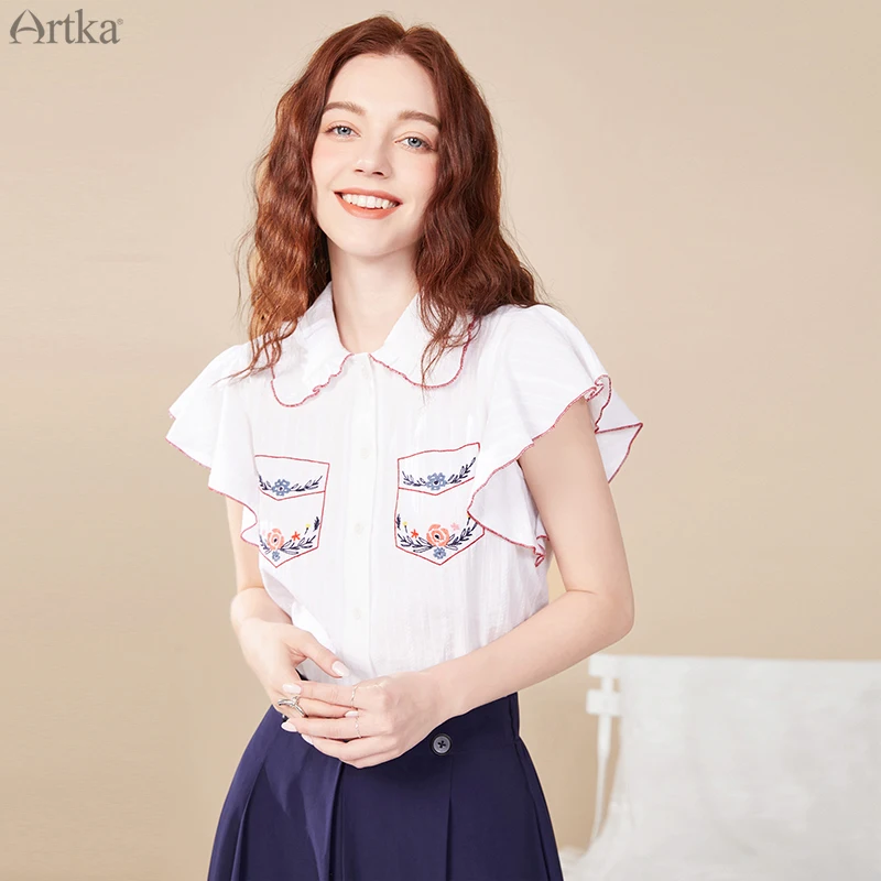 Женская блузка с рукавами-бабочками ARTKA белая Элегантная из чистого хлопка